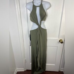 Bebe Backless Twist Front Cut Out High Low Olive Dress Robe Asym Avant
